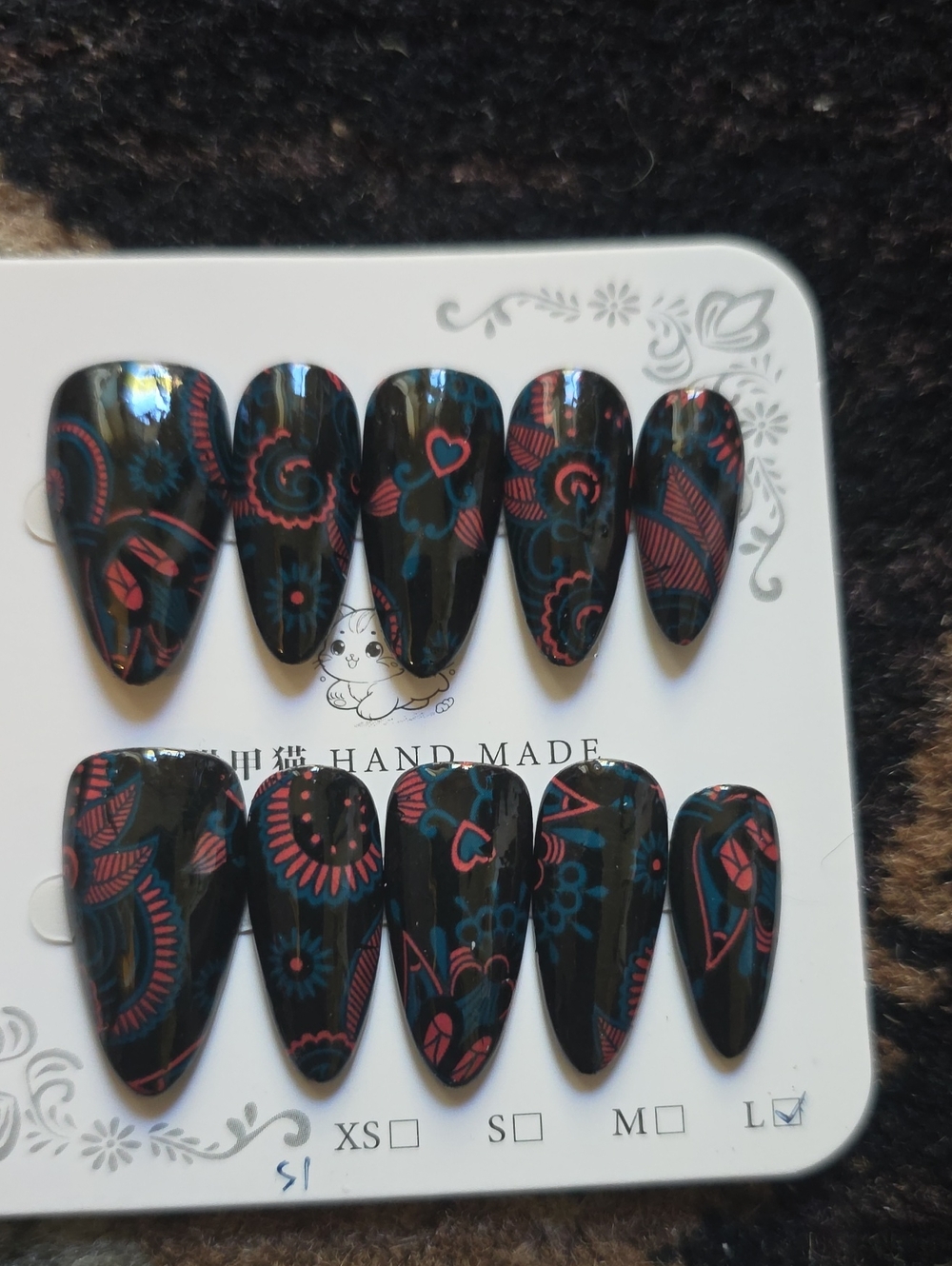 Black Press-On Nails with Red and Teal Floral Design Size Large